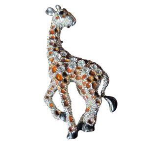Vintage Orange and Silver Giraffe Brooch - Vintage